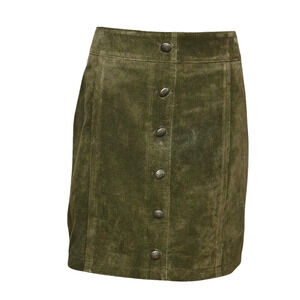 Gianni Bini Suede Olive Green Mini Skirt Front Button Detail Back Zip Large